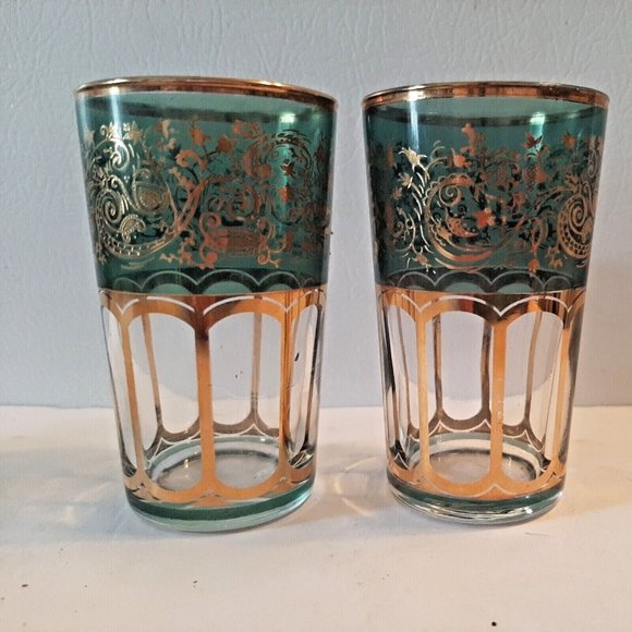 2 Moroccan Tea Glasses Missary Paris Green and Gold Juice Paisley - Picture 3 of 12